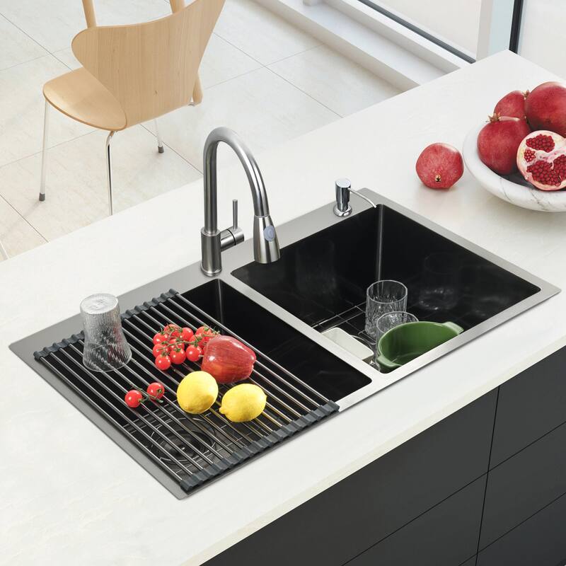 30 in. Drop-In/Undermount Single Bowl 16 Gauge Brushed 304 Stainless Steel Kitchen Sink with Accessories - Gunmetal - Double bowl - 33in