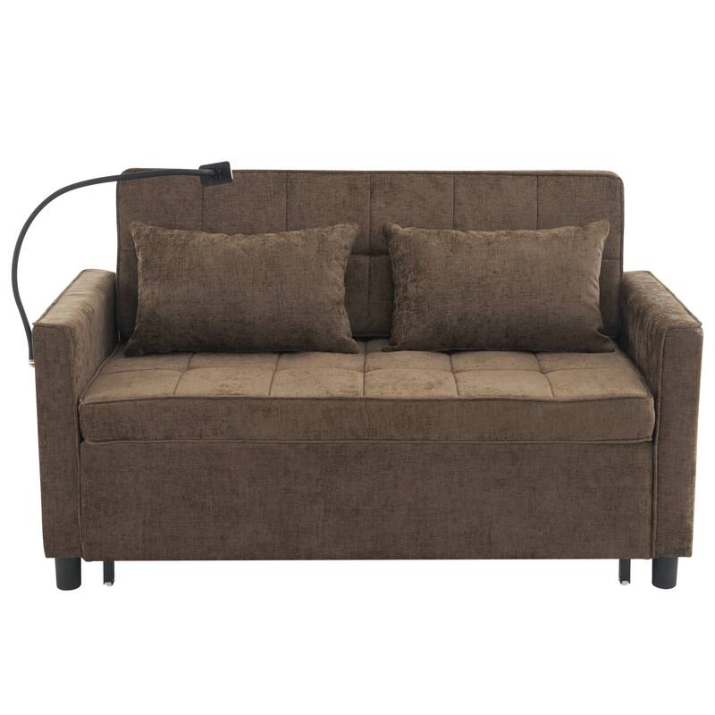 Roomfitters Loveseat Pull-Out Sofa Bed with Reversible Backrest Cushion, Side Pockets, USB Ports, and Phone Holder