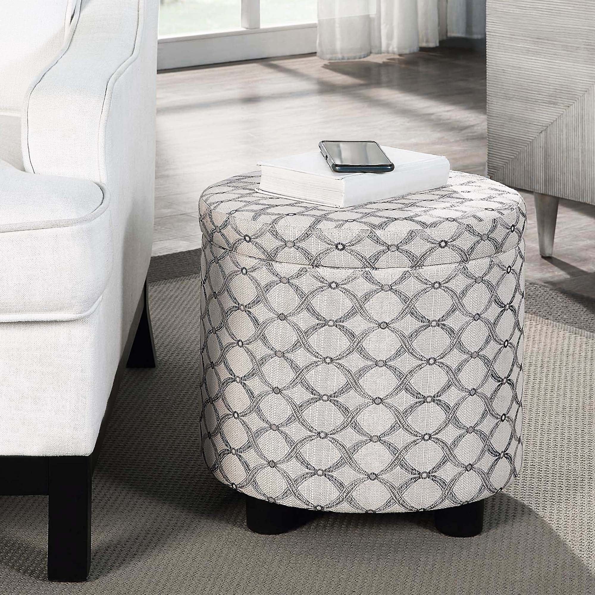 Round Storage Ottoman with Reversible Tray Lid, Ribbon Pattern, Hidden Compartment