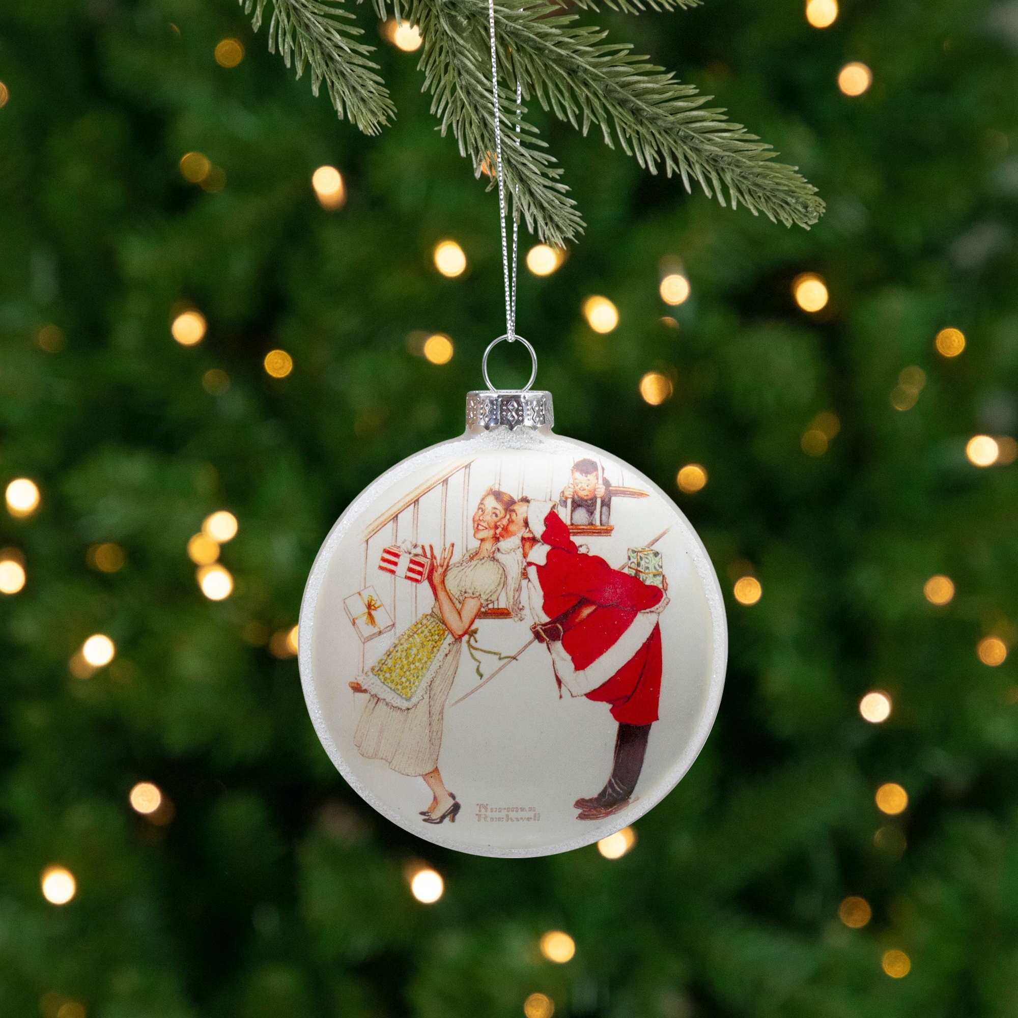 Norman Rockwell 'Christmas Surprise' Glass Disc Christmas Ornament - 3"