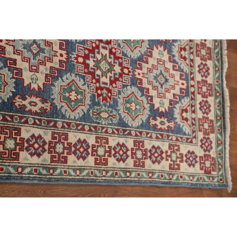 Geometric Kazak Runner Rug Hand-Knotted Blue Wool Carpet - 2'6" x 12'8"