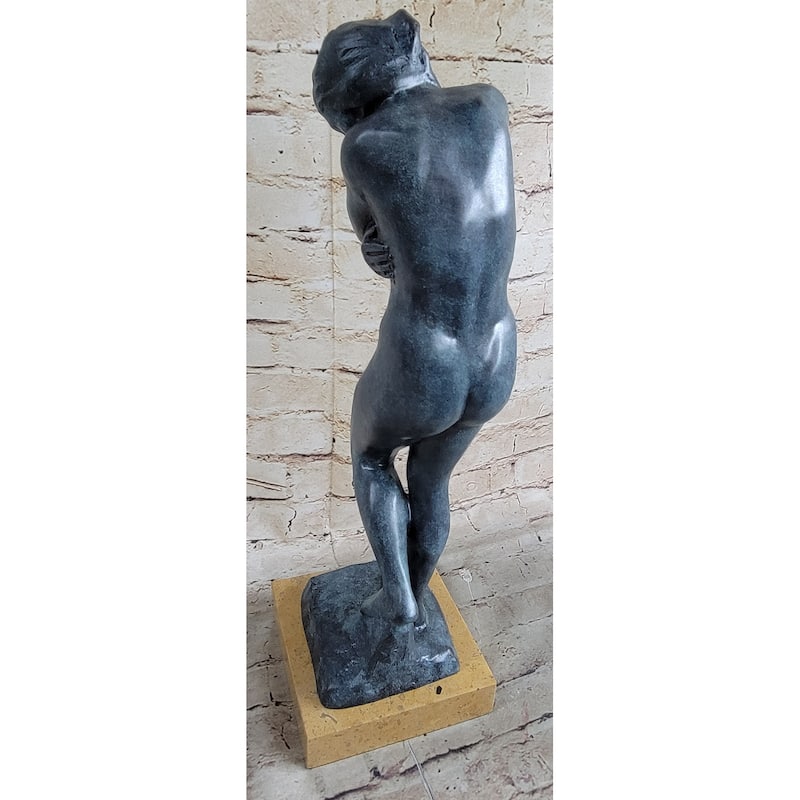 Eve By Auguste Rodin 1880 Bronze Statue Sculpture Replica Green Patina On Tan Marble Base