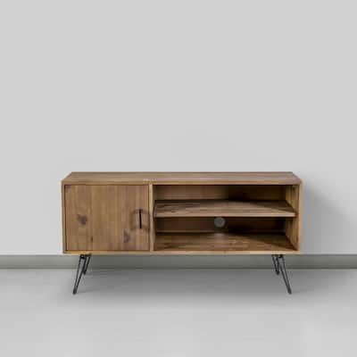 Clive 48 Inch Reclaim Wood Rectangle Farmhouse Media Console TV Stand, 1 Door, Iron Legs, Rustic Bro