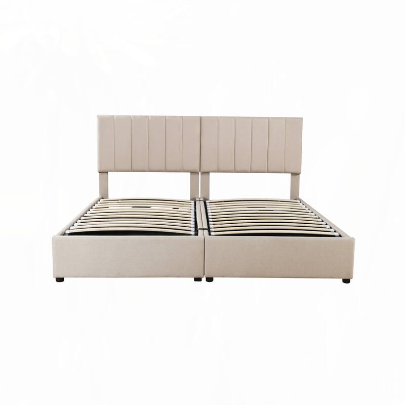 King Size Upholstered Platform Bed with a Hydraulic Storage System, Beige