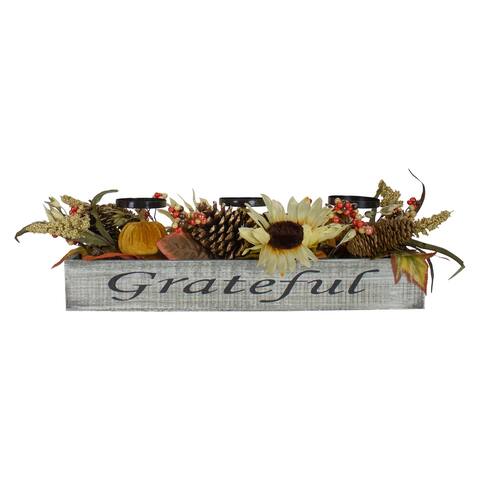 26" Sunflower 3-Piece Candle Holder "Grateful" Wooden Box Centerpiece