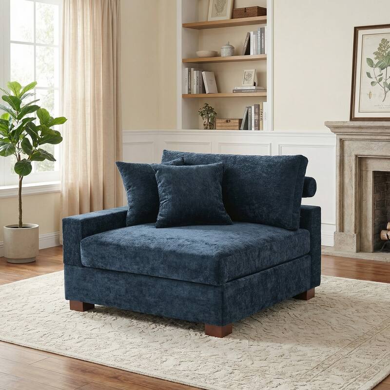 Plush Chenille Single Modular Sectional Sofa Chaise with Pillows - Blue-Sofa L - Left Facing