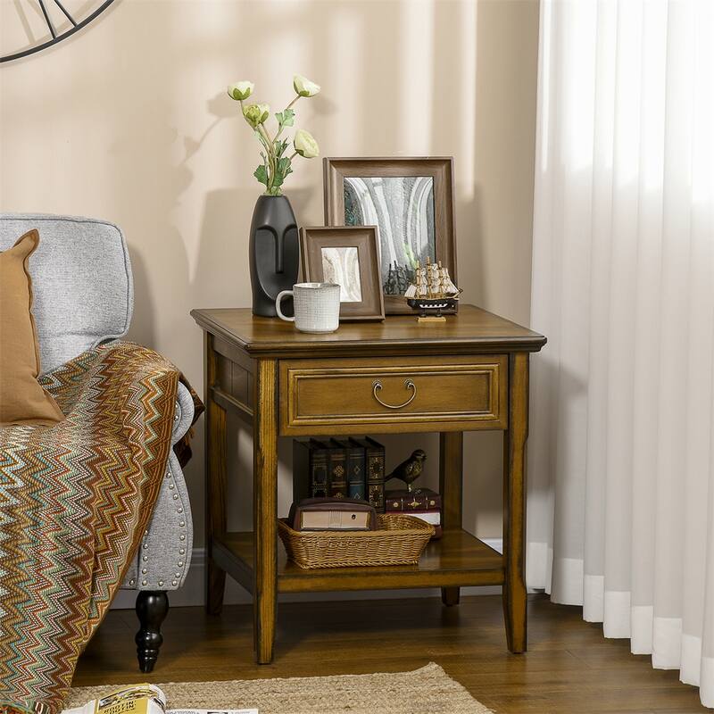 Side Table, Vintage End Table with Drawer and Open Shelf, Beside Table
