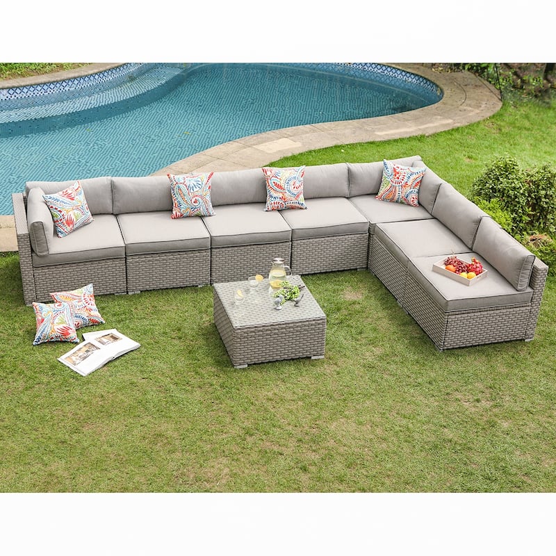 COSIEST 8-piece PE Wicker Outdoor Sectional Set with Cushions - GreyWicker+GreyCushion