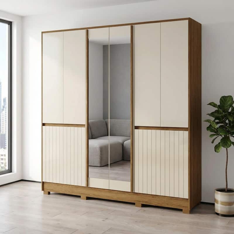 Meble Furniture Alaska 85-Inch Large Bedroom Wardrobe Armoire with Mirror, Drawers and Shelves, Oak/Fendi Two-Tone Finish