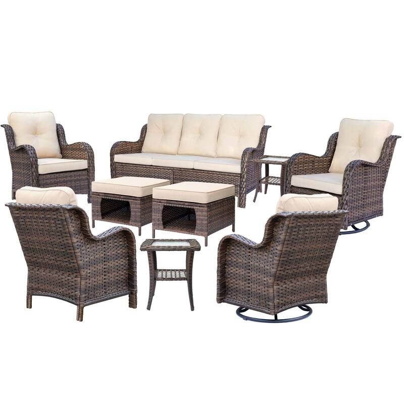 High Back Brown Wicker Outdoor Patio Conversation Sets with Swivel Chairs