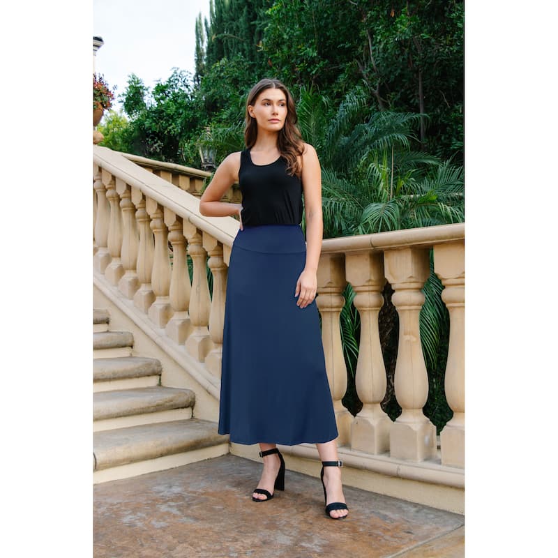 24seven Comfort Apparel Womens Elastic Waist Solid Color Maxi Skirt