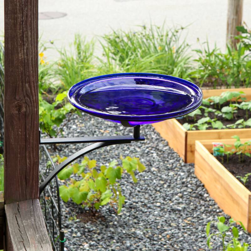 Achla Designs 14"Dia. Round Crackle Glass Birdbath w/Black Wrought Iron Wall Mount Bracket