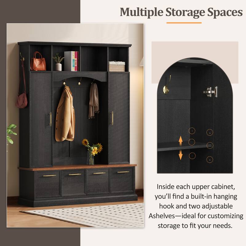 59" Farmhouse Hall Tree - 4-in-1 Entryway Bench with Golden Hooks, Adjustable Shelves & Shoe Storage