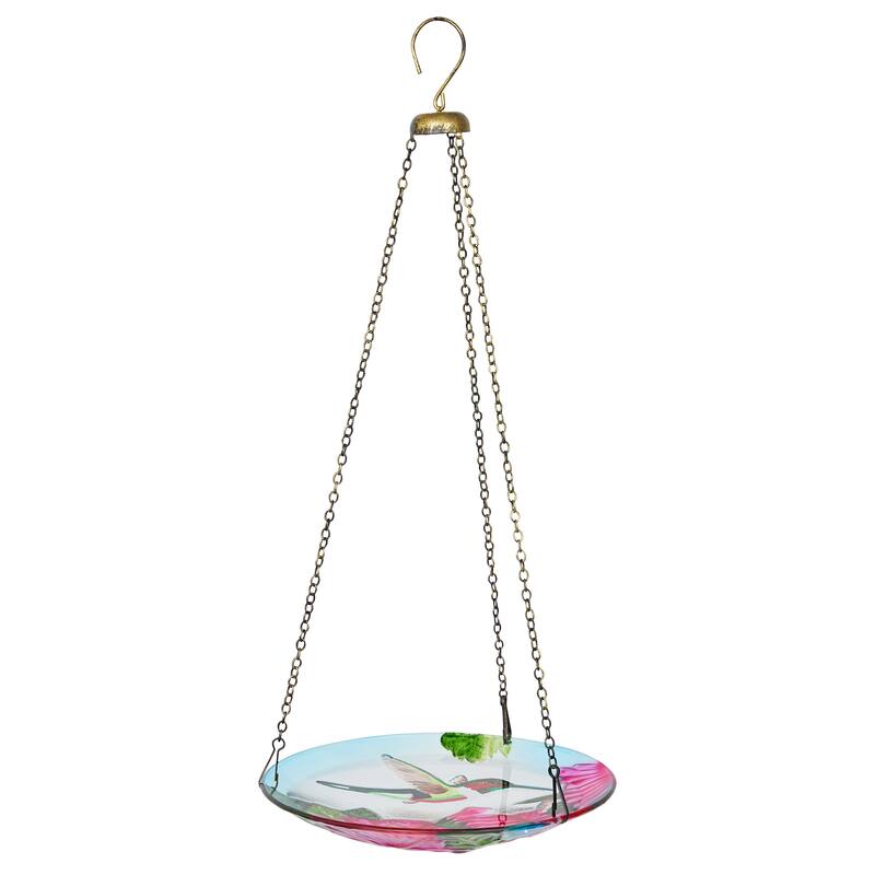 10" Glass Hanging Bird Feeder w/ Red Flowers & Hummingbird