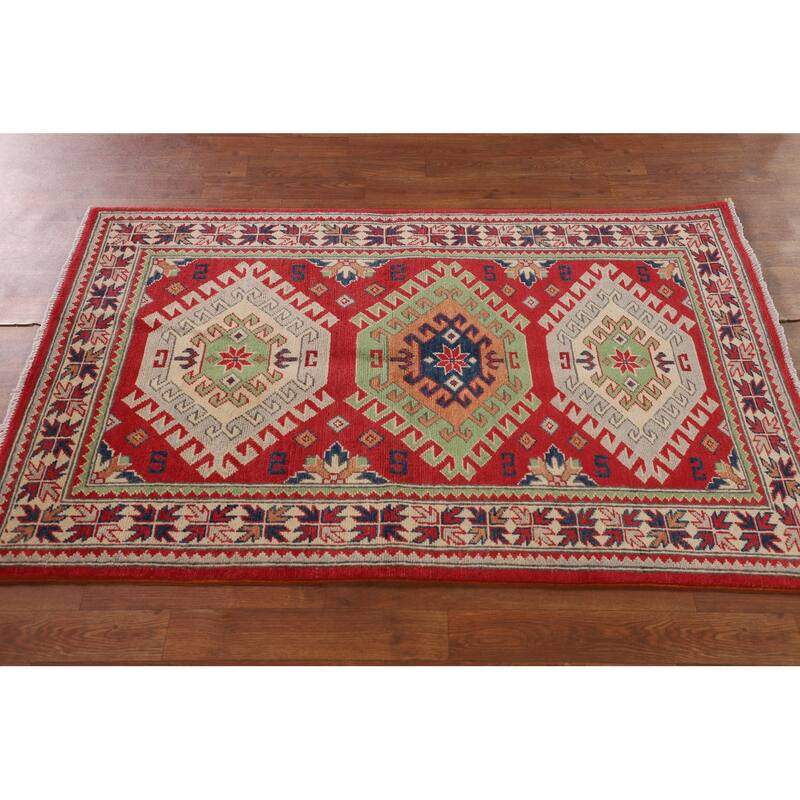 Geometric Kazak Rug Handmade Wool Carpet - 3'2"x 5'0"