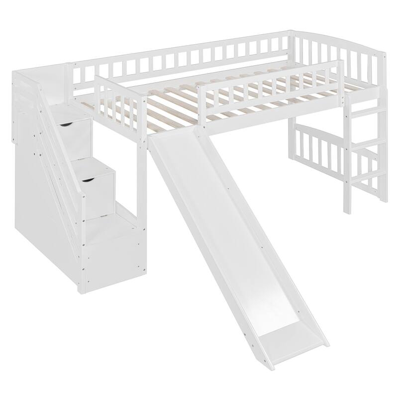 Stairway Twin Size Loft Bed with Two Drawers and Slide, Solid Wood Frame, Convertible Ladder, and Storage Space