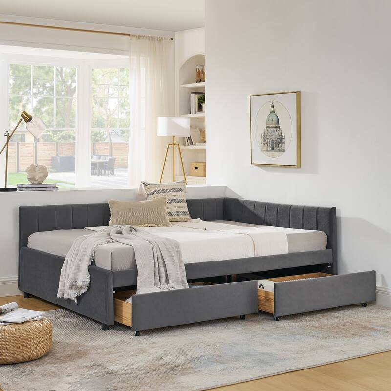 Full Size Upholstered Tufted Daybed with Storage Drawers, Velvet Grey, Comfortable Backrest and Armrests