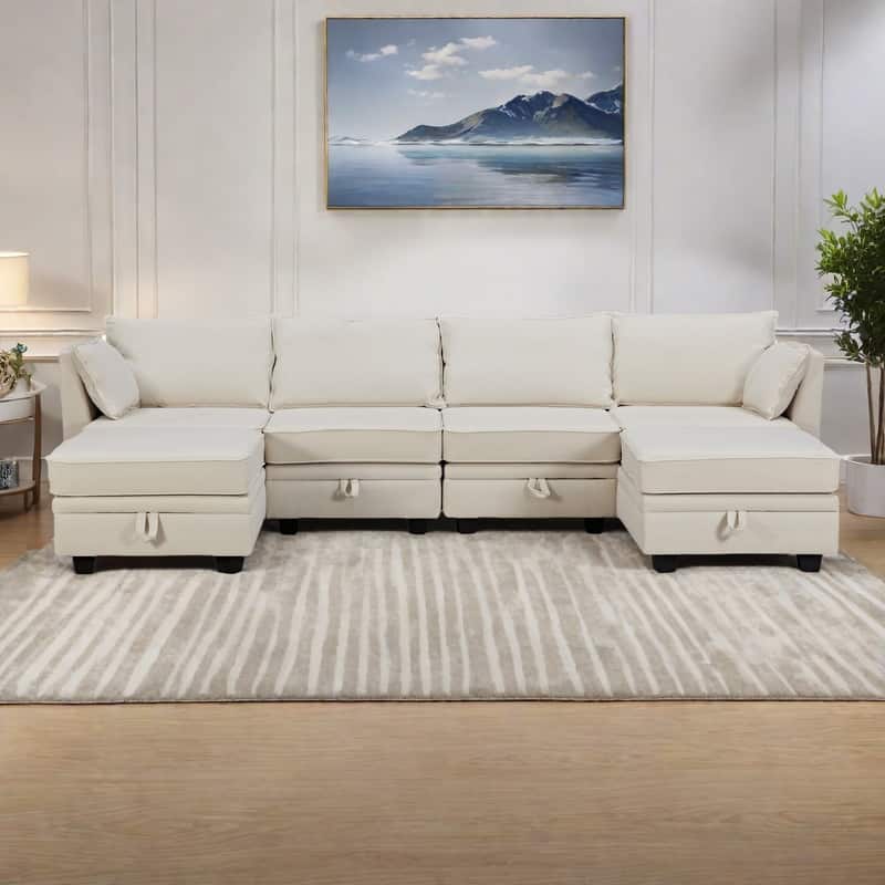 115.1" Linen U-Shape Sectional Sofa with Convertible Sleeper, Storage Seats and Reversible Chaise