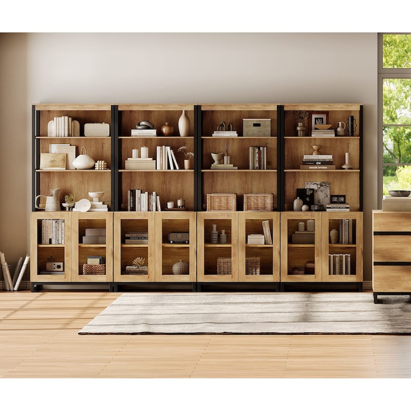 4 PCS Modern 72" Tall Bookcases with Glass Doors and Adjustable Shelves for Home Office, Living room. - 7'9" x 9'9" - Oak