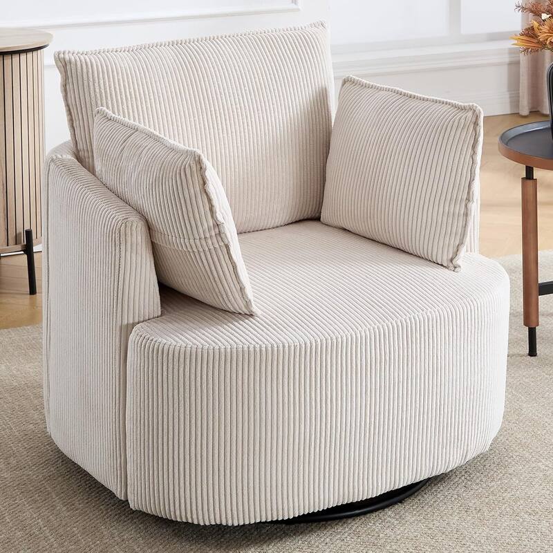 Swivel Accent Chair,360°Swivel Barrel Chair with 3 Pillows Corduroy Round Armchair Single Sofa Chair for Living Room Bedroom
