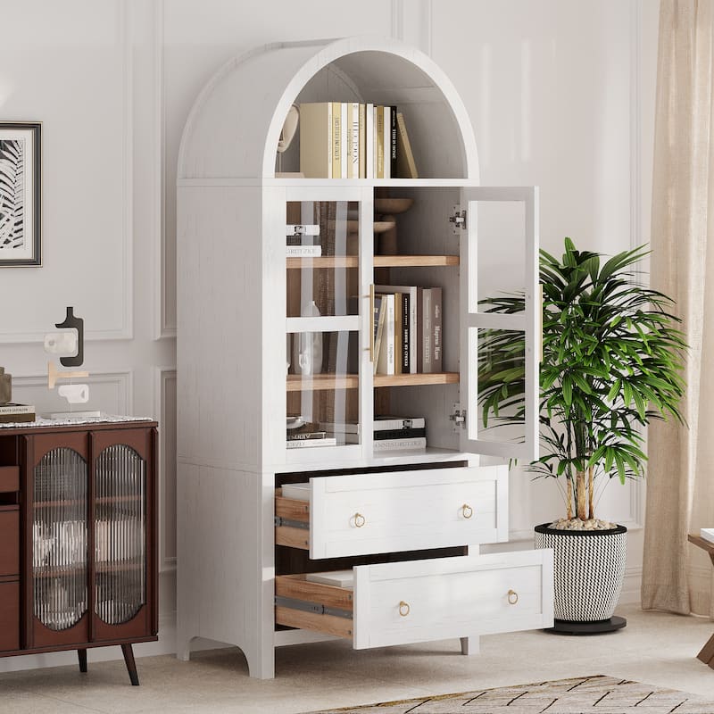 71" Tall Arched Kitchen Pantry Cabinet - 2 Large Drawers, Glass Door, Adjustable Shelves