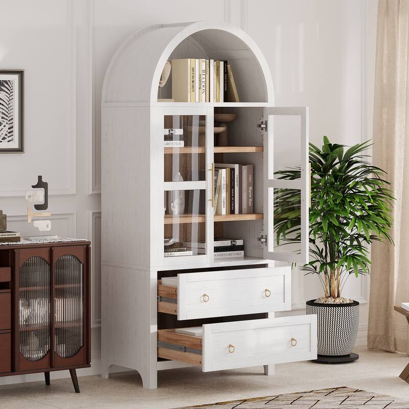 Arched Cabinet with Glass Doors, 71" Freestanding Pantry Cabinet with Drawers, Wood Storage Cabinets, Kitchen Versatile Cupboard