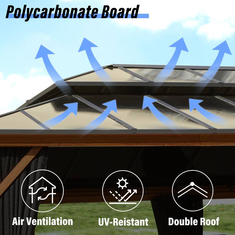 EROMMY Outdoor Wood Gazebo with Double Polycarbonate Roof, Heavy Duty Backyard Patio Pergola Canopy for Garden Shade