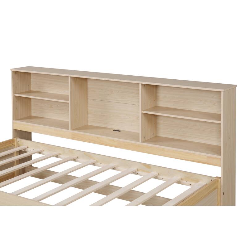 Twin Size Platform Bed with Built-in Bookcase, Adjustable Shelves, USB Charging Station, 2 Storage Drawers