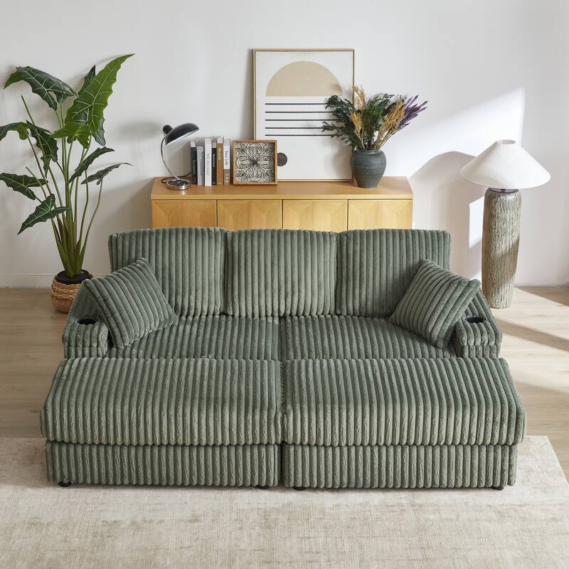 Deep Seat Sectional Loveseat Set with 2 Ottoman and 2 Pillows, Corduroy Chaise Lounge Bed with 2 Storage Spaces and Cupholding - Green