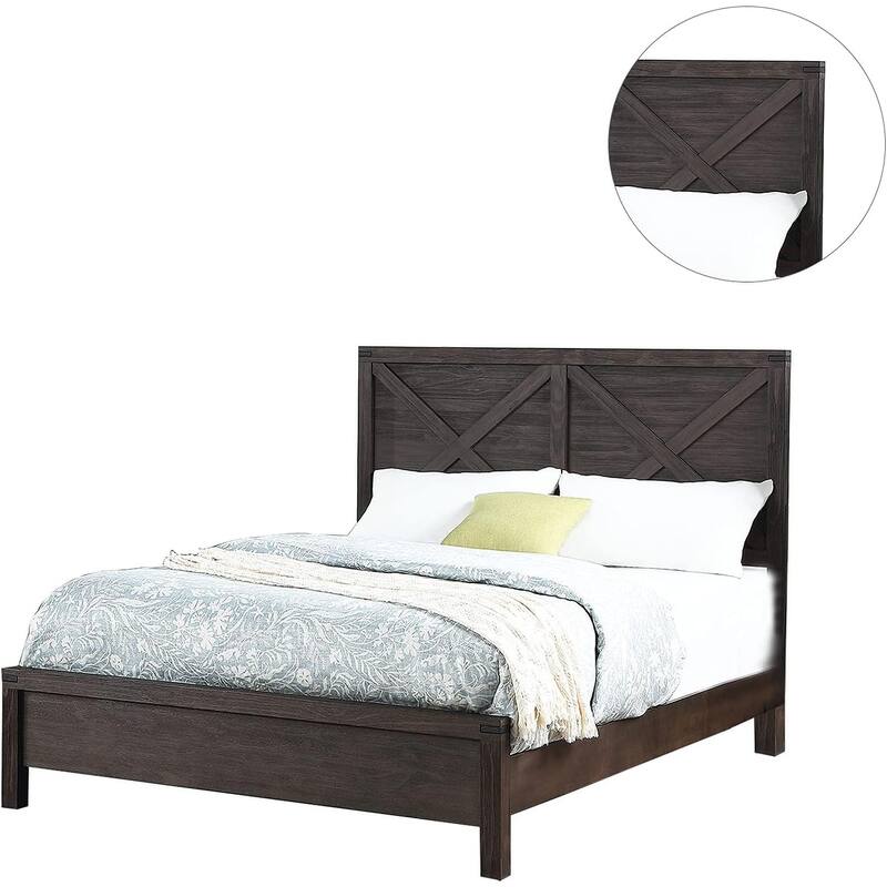 Queen Size Wood Panel Bed with X-Design Headboard and Rustic Contemporary Style