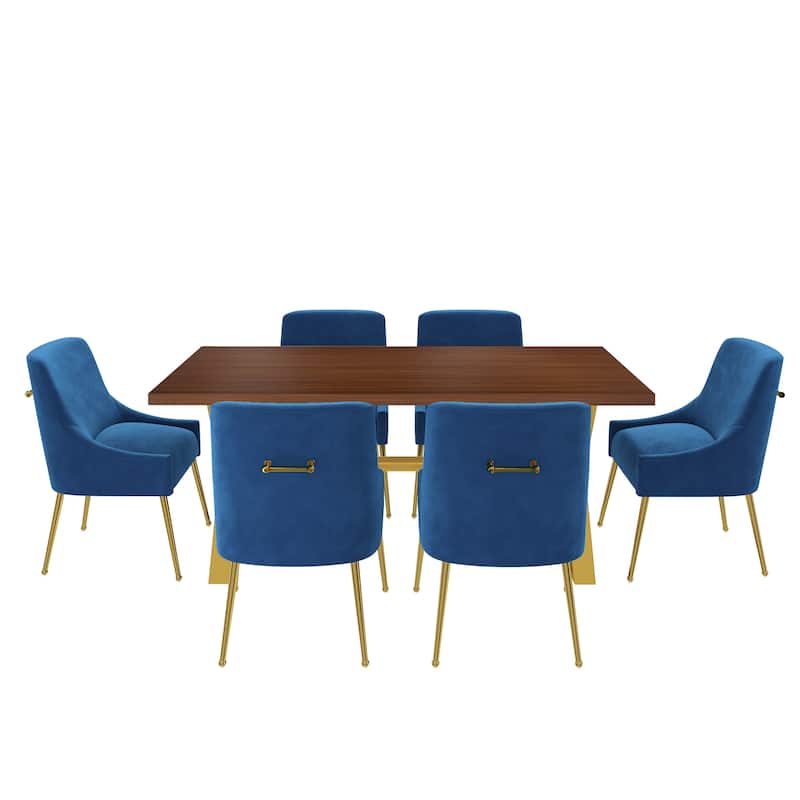 7-Piece Clihome Walut Wood Table with Velvet Chair Dining Chair
