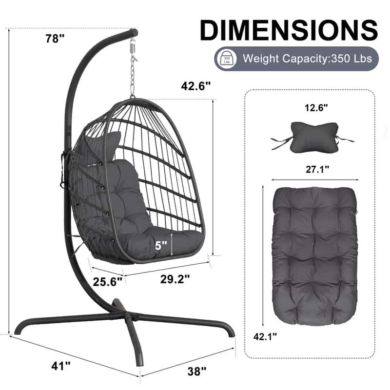 Oversized Wicker Hanging Egg Chair with Stand, Outdoor Indoor Swing Chair with Cushion, 350 lb Capacity
