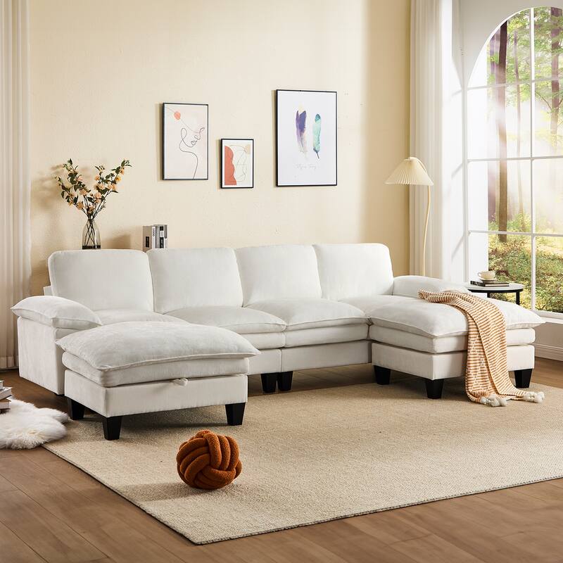122-Inch 6-seats U-Shaped Double Foam Cushion Convertible Sectional Sofa Couch for Living Room With Storage Ottoman - Beige