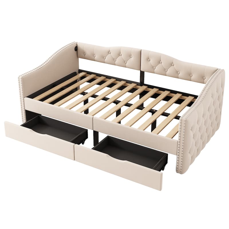 Upholstered Daybed with Storage Drawers, Twin Size Wood Daybed - No Box Spring Needed