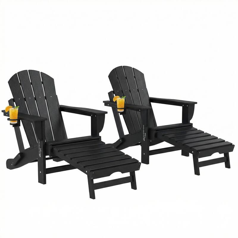 Outsunny Folding Adirondack Chair Set of 2, Outdoor HDPE Fire Pit Chair with Retractable Ottoman