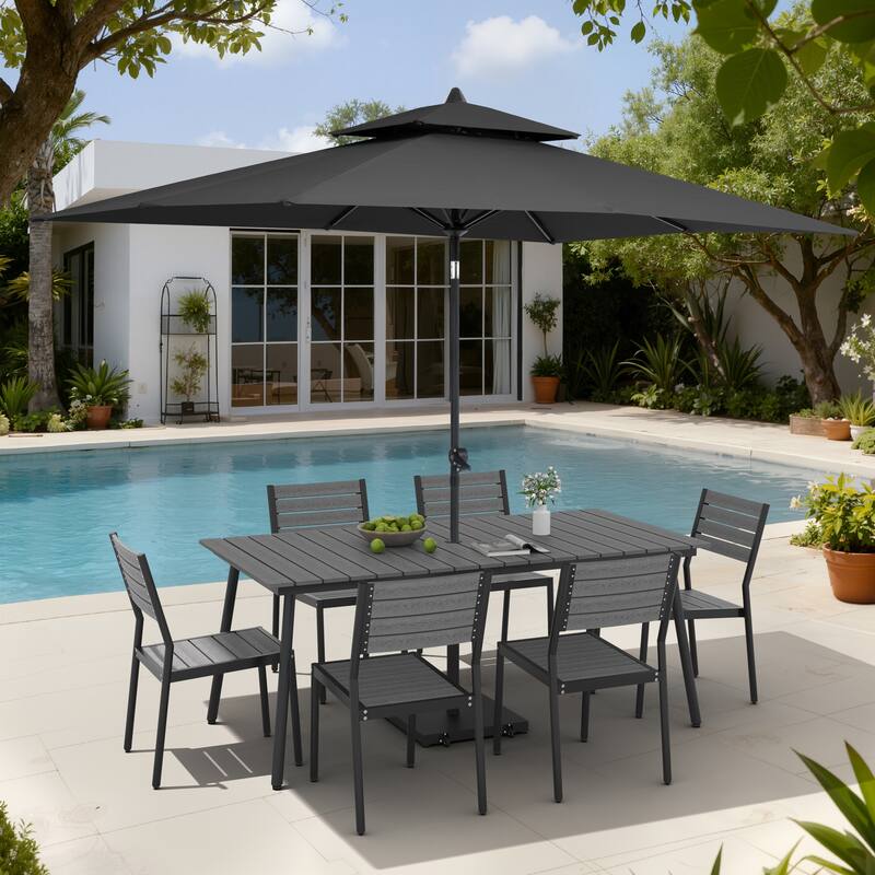 9-Piece Outdoor Patio Dining Set Aluminum Table and 8 Stackable Chairs w/ 10 FT Umbrella with Base - Grey Table with Black Umbrella
