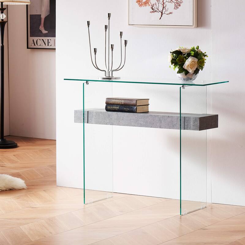 ivinta Glass Console Table with Storage, Small Narrow Entryway Table for Living Room, 39.4" Modern Sofa Table - Grey