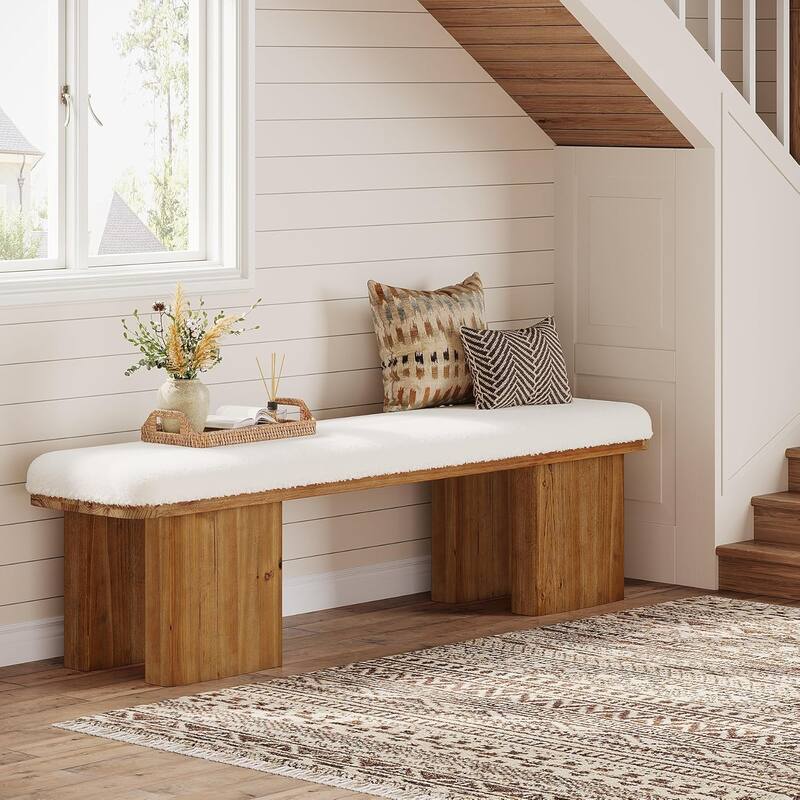 59Inch Solid Wood Entryway Bench, Upholstered End of Bed Bench with Faux Shearling Cushion, Long Ottoman for Bedroom, Entryway