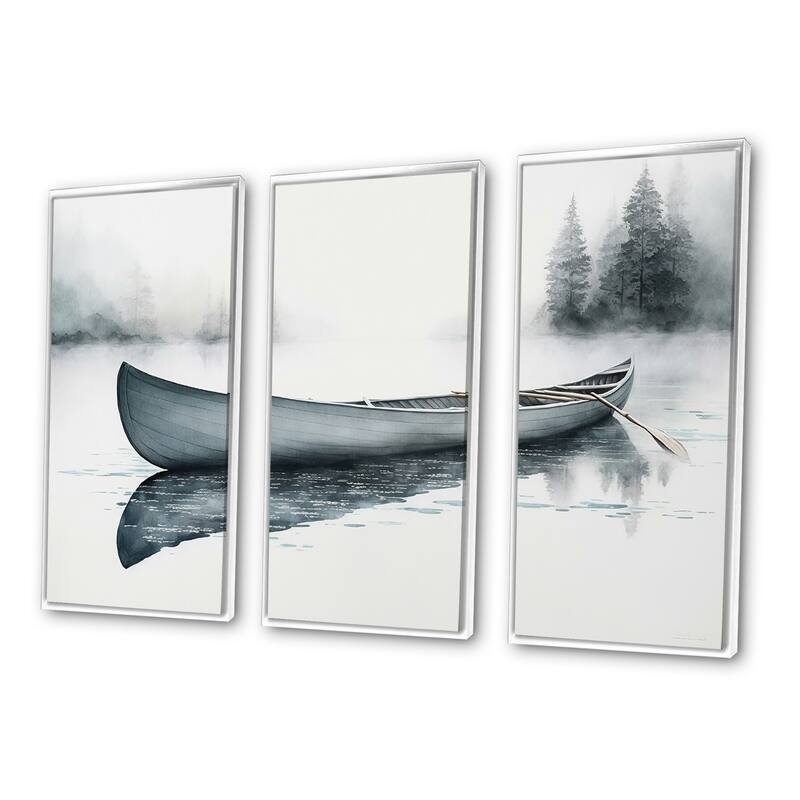 Designart "Canoe On The Lake II" Coastal Boat Framed Canvas Art Print - 3 Panels