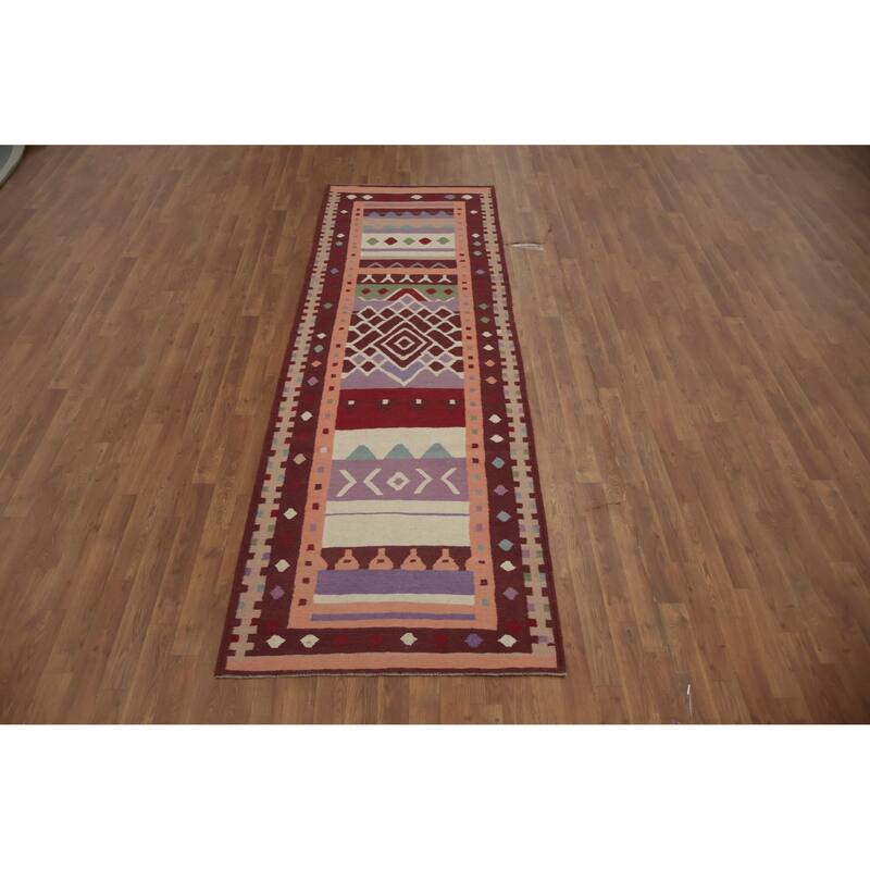 Hand Woven Oriental 100% Wool Carpet Southwestern Tribal Multi-Colored Kilim Runner Rug - 9' 10'' X 3' 2''