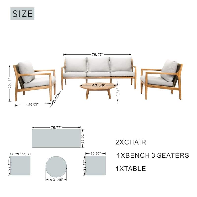 Modern 4-piece Outdoor Acacia Wood Conversation Sofa Set with Removable Waterproof Cushions
