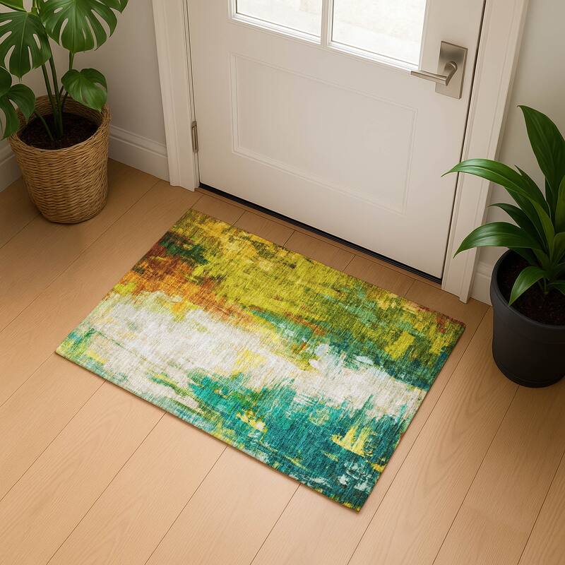 Premium Washable Super Soft Abstract Brushstroke Mayfield Rug - Green - 1'8" x 2'6"