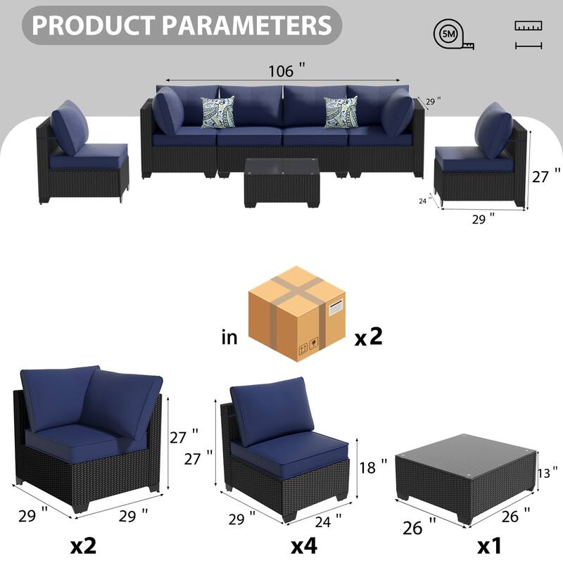 7-Piece Outdoor Patio Furniture Set Sectional Sofa Chairs and Tempered Glass Coffee Table PE Rattan Steel Frame with Cushions