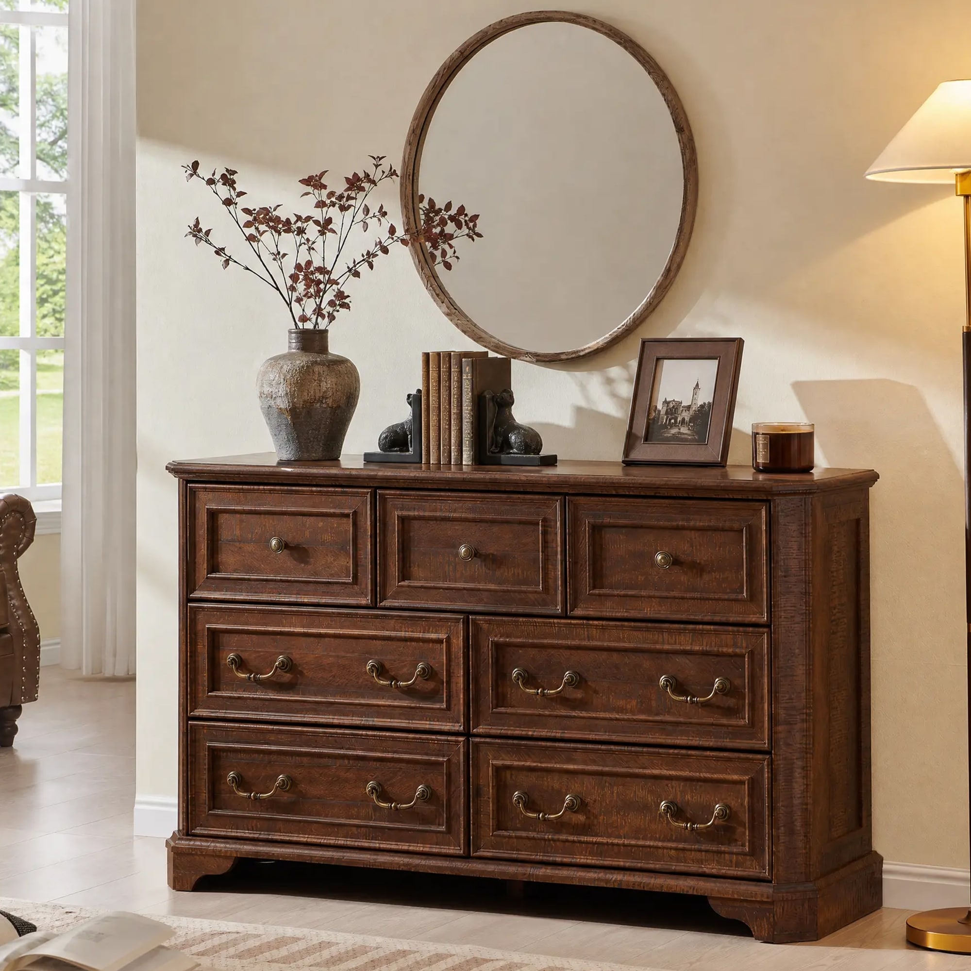 7 drawer dresser brown Farmhouse Drawers Dresser, Wood Rustic Chest of Drawers for Bedroom preventing accidental tipping