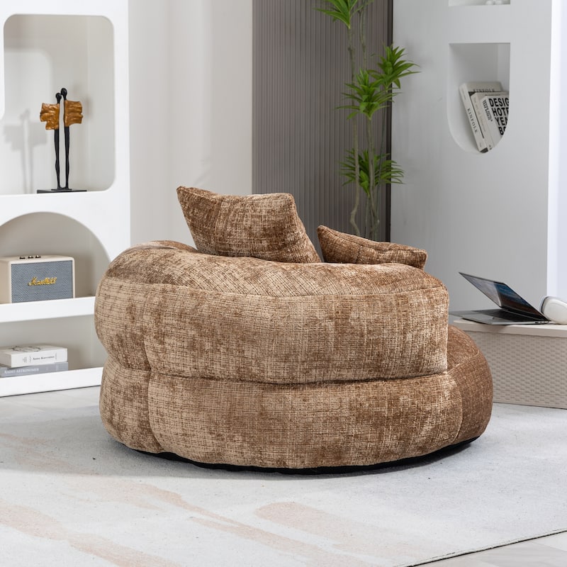 Chenille Oval Bean Bag Chair, Memory Foam Filling Lazy Sofa, Adults Lounge Chair with 3 Pillows & Semi-Wraparound Armrests