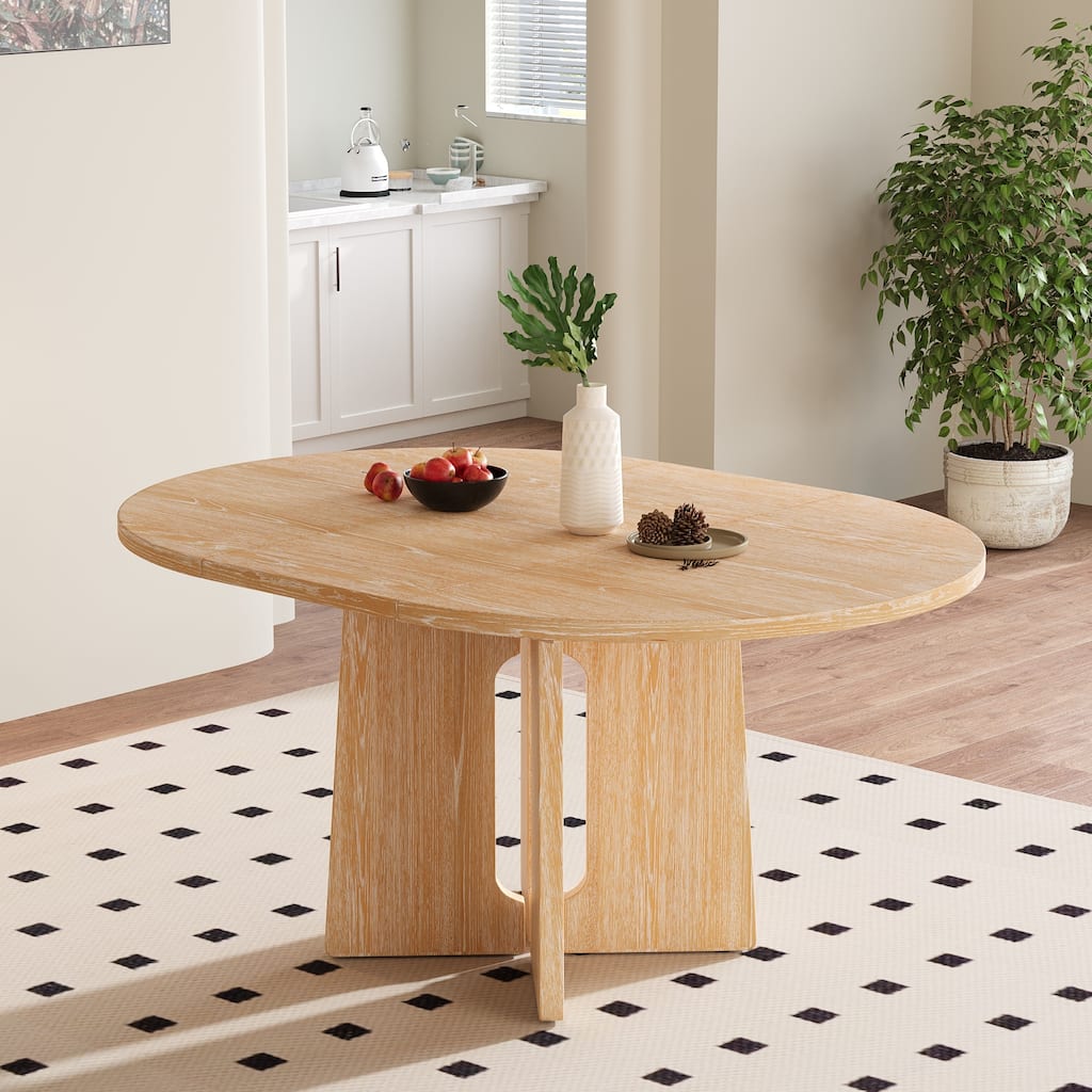 Solid Wood 57.3" Round Dining Table with Extendable Top and Removable Leaf for Gatherings and Family Meals