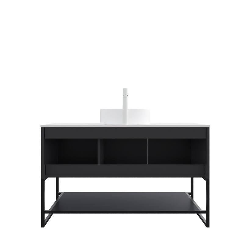 Bathroom Vanity with Round Ceramic Basin and Artificial Marble Countertop, Freestanding 3 Doors Storage Cabinet with Open Shelf