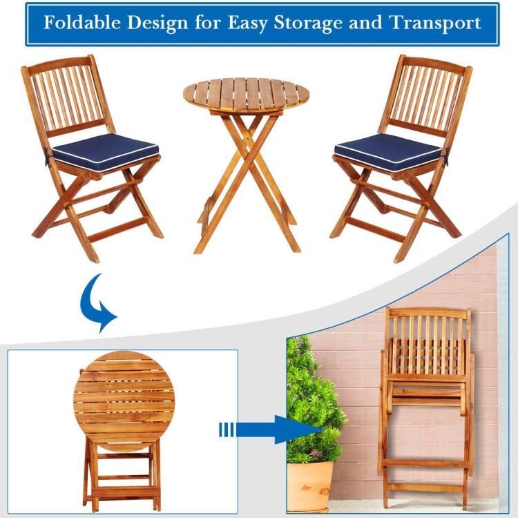 3 Pieces Patio Folding Bistro Set with Padded Cushion and Round Coffee Table - 23.5" x 23.5" x 29.5" (L x W x H)