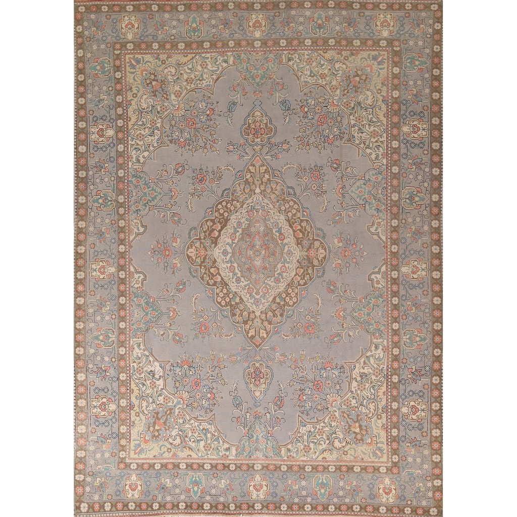 Traditional Gray Tabriz Persian Vintage Rug Hand-Knotted Wool Carpet - 9'6"x 12'11"
