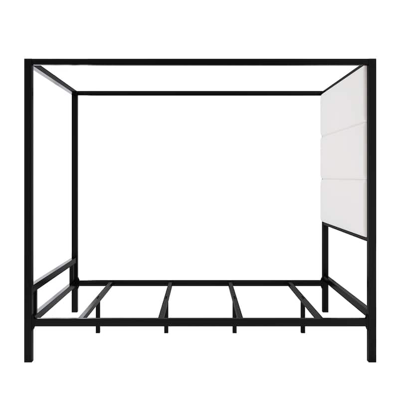 Metal Canopy Bed with Velvet Fabric Upholstered Headboard